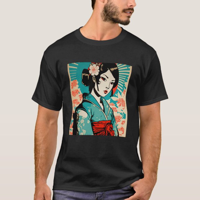 T-shirt Japonaise Geisha Samurai Retro Vintage Kimon (Devant)