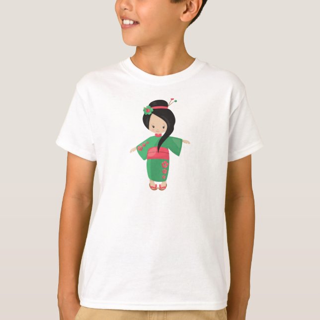 T-shirt Japonaise, Japon, fille mignonne, Kimono vert (Devant)