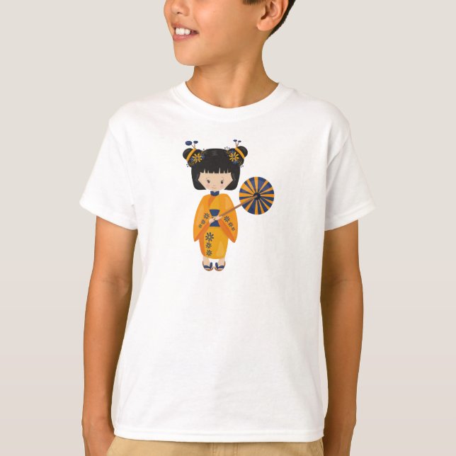 T-shirt Japonaise, Japon, Mignonne fille, Kimono orange (Devant)