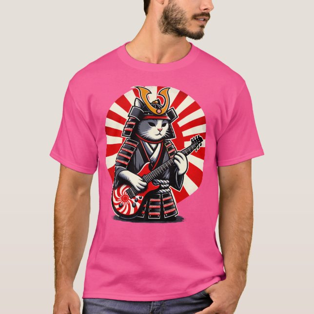 T-shirt Japonaise Samurai Chat Jouer Guitare Électrique Pl (Devant)