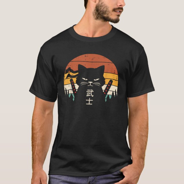 T-shirt Japonaise Samurai Chat Warrier Retro Ninja Hommes  (Devant)