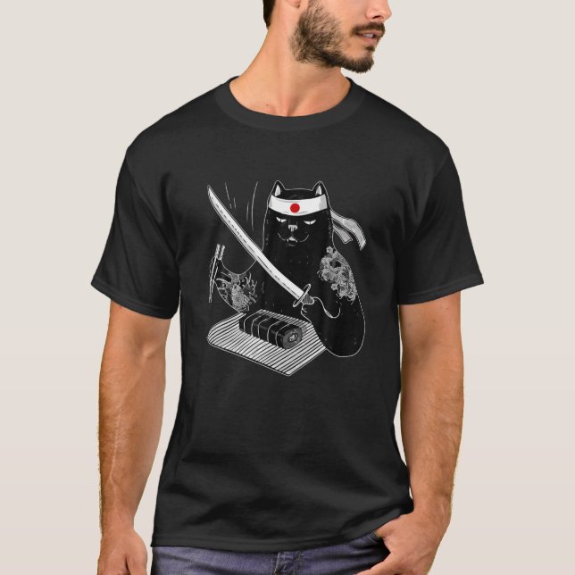 T-shirt Japonaise Samurai Ninja Chat Kawaii Tatouage Homme (Devant)