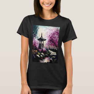 T-shirt Jardin de fleurs de cerisier avec étang de sanctua