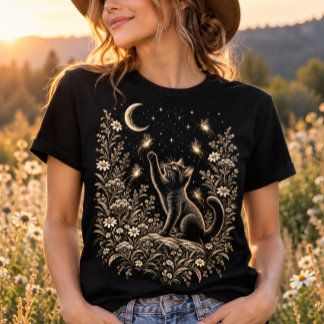 T-shirt Jardin de lucioles au clair de lune avec chat noir