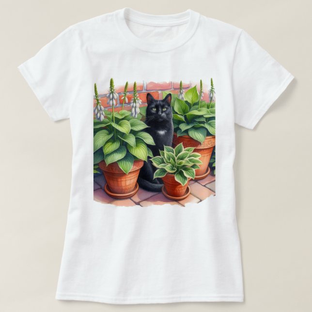 T-shirt Jardin d'hostas et chat noir à l'aquarelle  (Design devant)