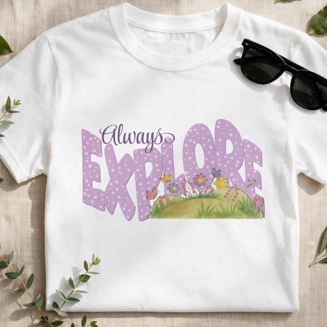 T-shirt Jardin Fantaisiste Violet Doux à Explorer (If you’re all about adventure, this tee says it loud, bright, bold, and totally hand‑drawn for you.)