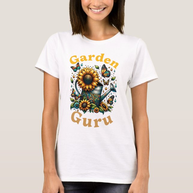 T-shirt Jardin Guru arrosage canne et tournesols blanc (Devant)