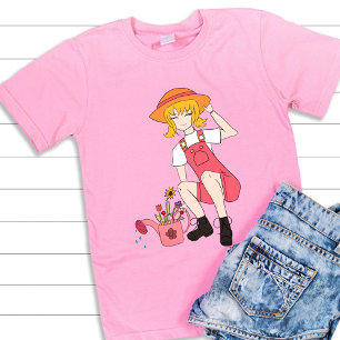 T-Shirt Jardin mignon et Fleur Fille Cheveux blond