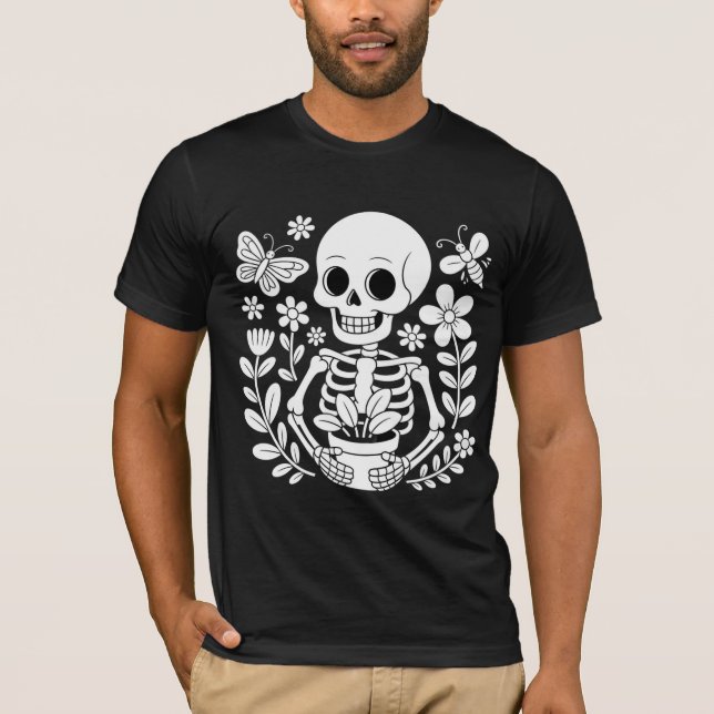 T-shirt Jardinier squelette Art Pot de fleur fantaisiste (Devant)