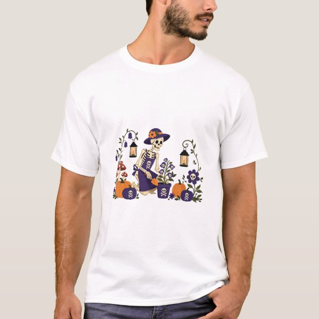 T-shirt Jardinier squelette d'Halloween Patch de citrouill (Devant)