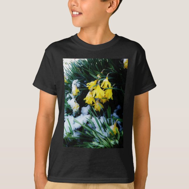T-shirt Jaune Daffodils fleurs dans la neige (Devant)