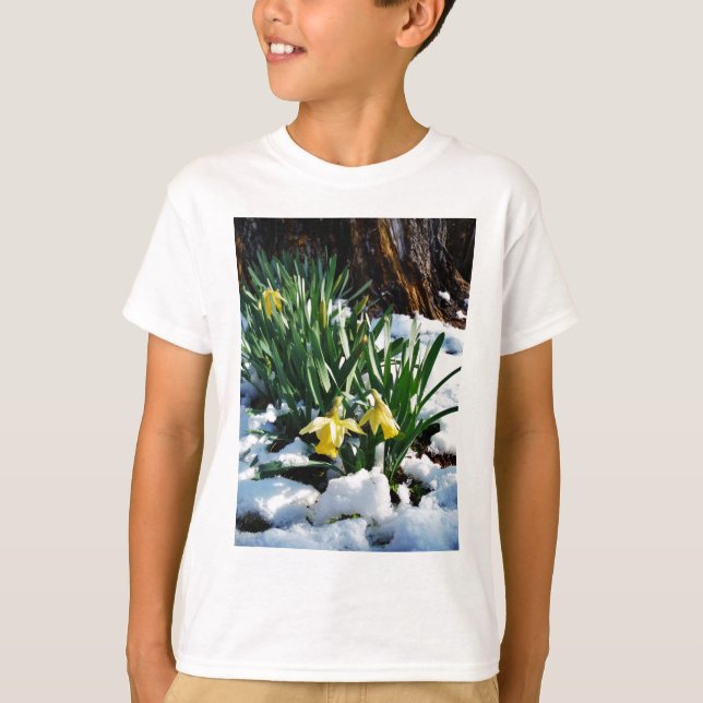 T-shirt Jaune Daffodils fleurs dans la neige (Devant)