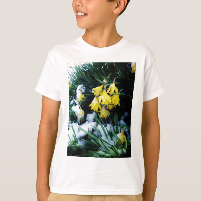 T-shirt Jaune Daffodils fleurs dans la neige (Devant)