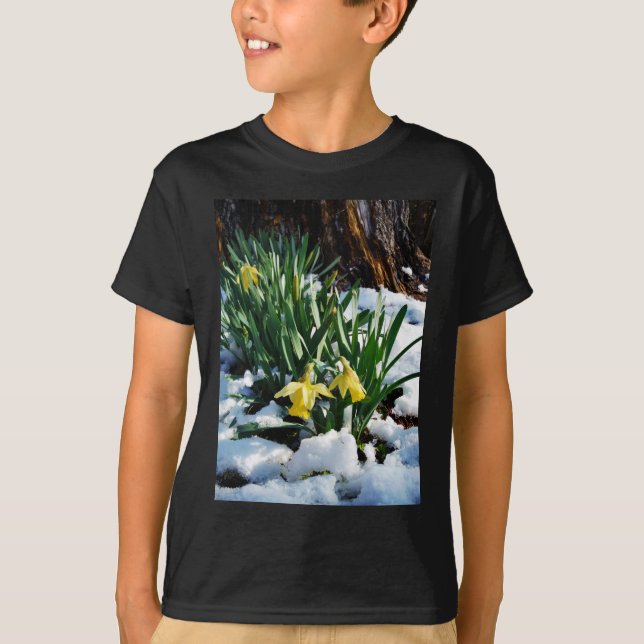 T-shirt Jaune Daffodils fleurs dans la neige (Devant)