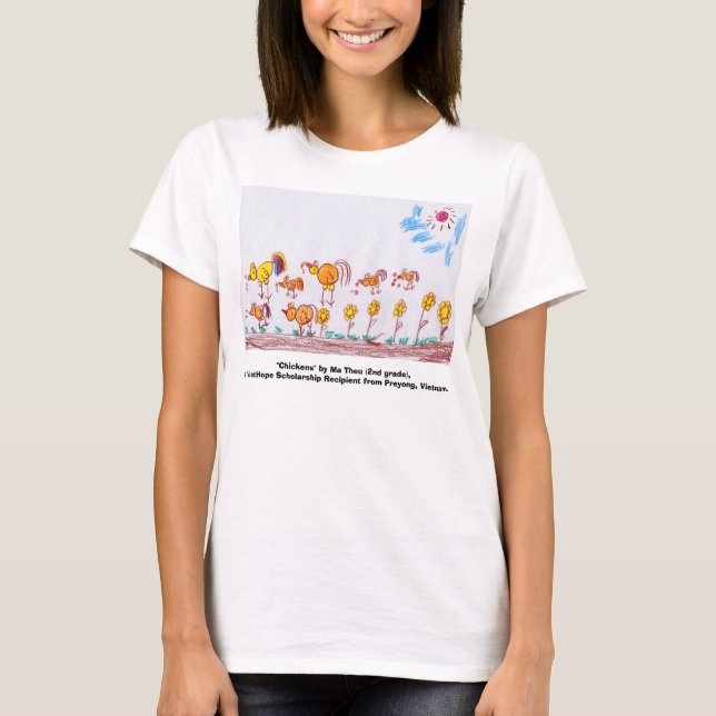 T-SHIRT JAUNE de BÉBÉ de DAMES, "poulets" (Devant)