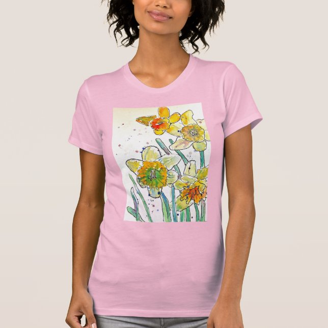 T-shirt Jaune jonquille aquarelle Filles T Chemise rose (Devant)