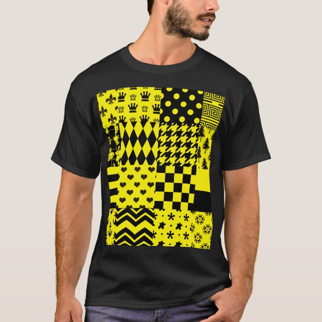 T-shirt Jaune Noir Mixte Conception Motif Patchwork (Devant)