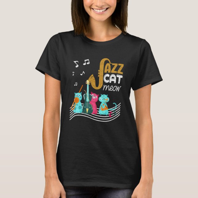 T-shirt Jazz Cat Band Playing Blues Saxophone Upright Bass (Devant)