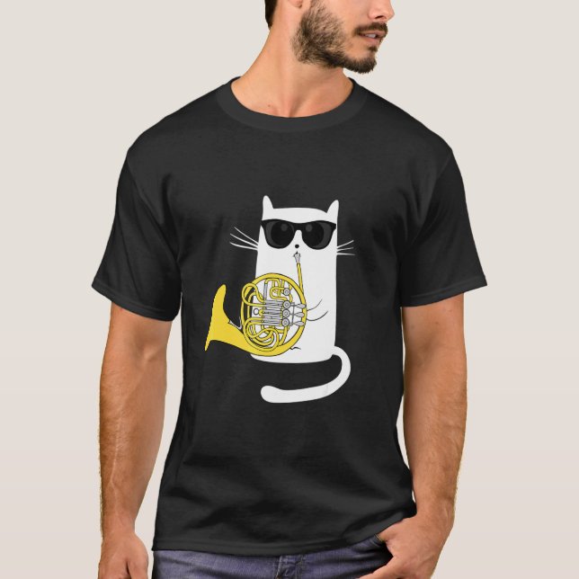 T-shirt Jazz Cat Playing French Horn Hippy Hipster Kitty (Devant)