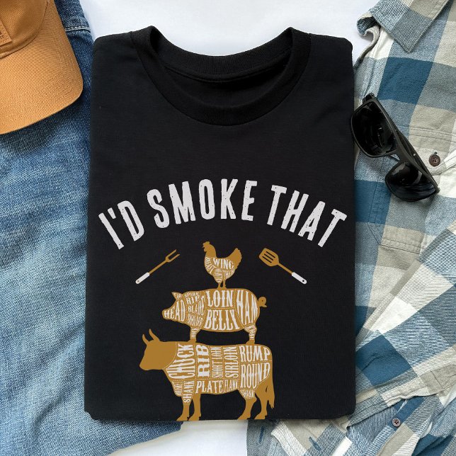 T-shirt Je fumerais ce cadeau de barbecue grill pour papa (I'd Smoke That butcher cuts vintage cow pig chicken BBQ grilling smoked meat funny black shirt gift)