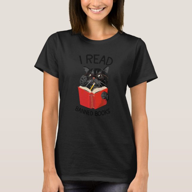 T-shirt Je lis des livres interdits Black Cat Reader Bibli (Devant)