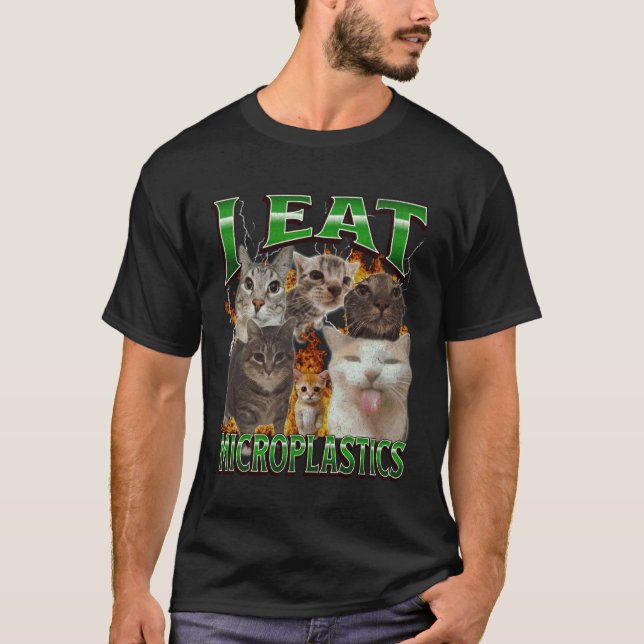 T-shirt Je mange des microplastiques drôle de chat mème co (Devant)