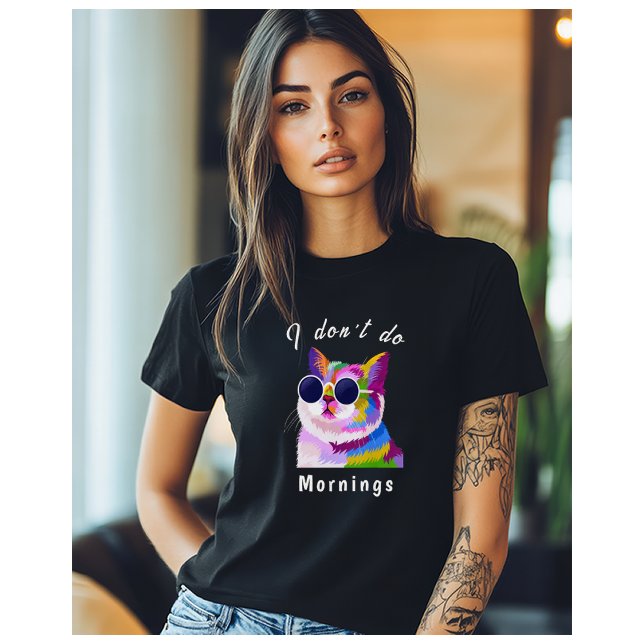 T-shirt Je ne fais pas Matin Lunettes de soleil Chat Pop A (Colorful, modern artistic drawing of a cat wearing sunglasses and the words "I don't do mornings")