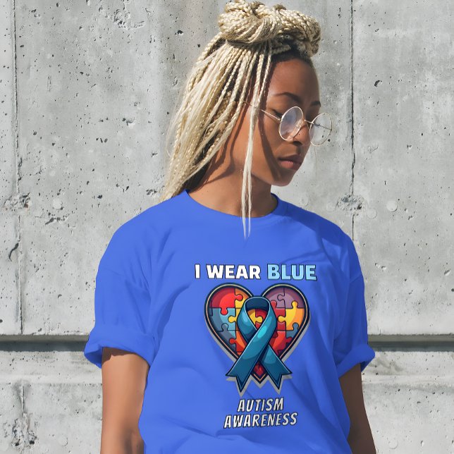 T-shirt Je porte Sensibilisation sur l'autisme bleue - Puz (I Wear Blue Autism Awareness T-Shirt - Puzzle Heart & Ribbon Design.)