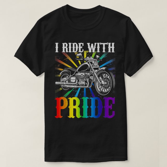 T-shirt Je roule avec fierté gay biker arc-en-ciel moto lo (Design devant)