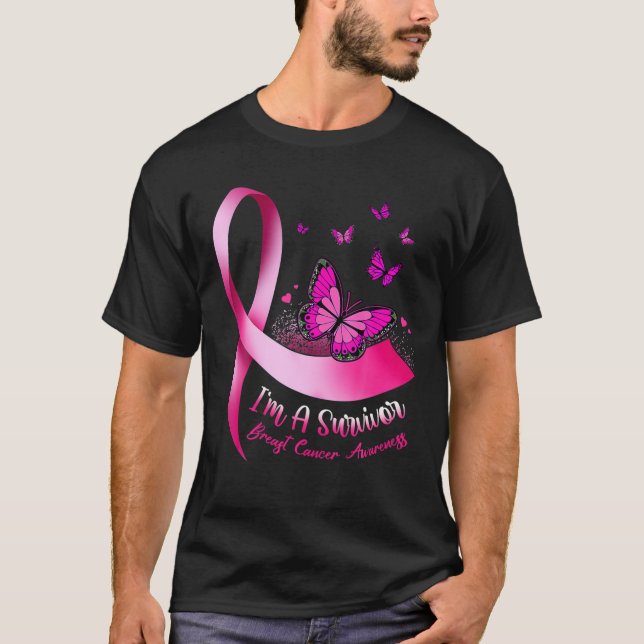 T-shirt Je suis Un Survivant Papillon rose Ruban Cancer du (Devant)