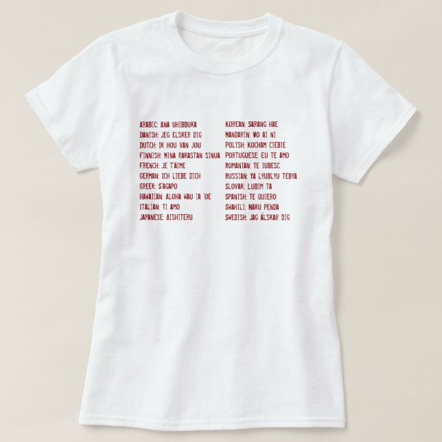 T-shirt Je t'aime dans 20 langues différentes (Design devant)