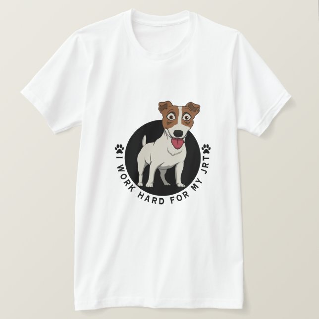 T-shirt Je Travaille Dur Pour Mon JRT Caricature Blanc (Design devant)