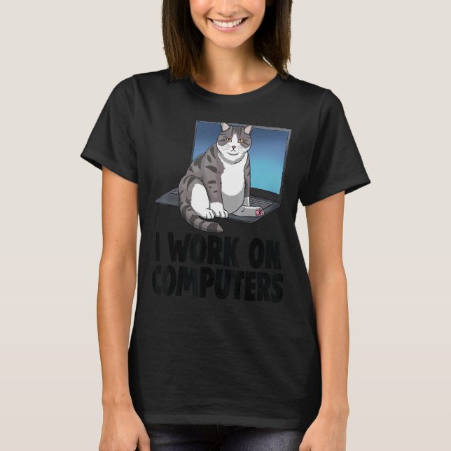 T-shirt Je Travaille Sur Ordinateurs Cat Cat Kitten (Devant)