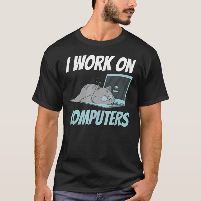 T-shirt Je Travaille Sur Ordinateurs Smart Tech Kitty Chat (Devant)