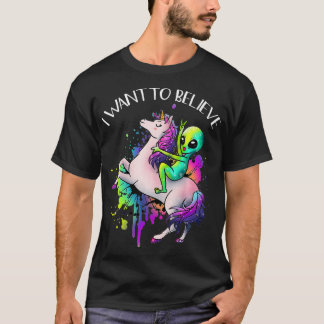 T-shirt Je Veux Croire À L'Alien Unicorn Horn Etraterresti