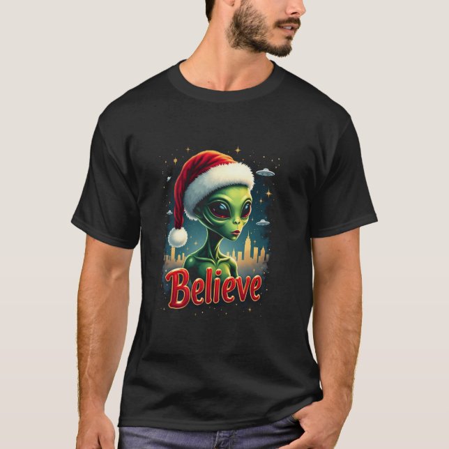 T-shirt Je Veux Croire Aliens UFO Funny Alien Santa Hat (Devant)