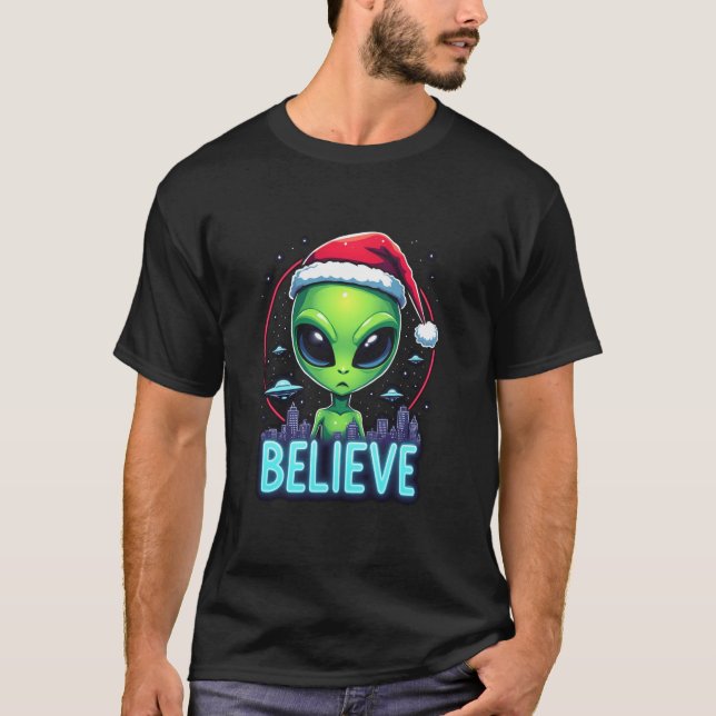 T-shirt Je Veux Croire Aliens UFO Funny Alien Santa Hat (Devant)