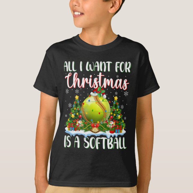 T-shirt Je Veux Pour Noël Est Un Softball Xmas Tree Light (Devant)
