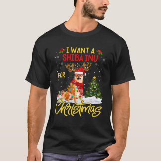 T-shirt Je veux Shiba Inu Chien Lumières de Noël Père Noël
