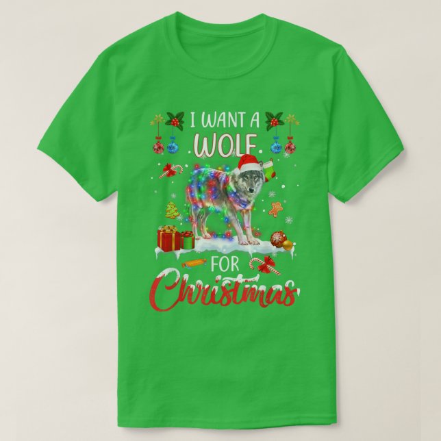 T-shirt Je Veux Un Loup Pour Noël Lumières Père Noël Wolf (Design devant)
