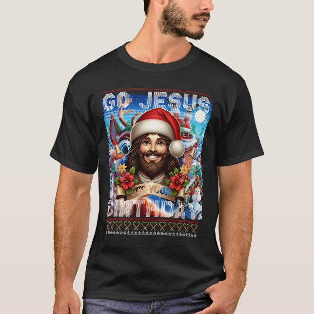 T-shirt Jesus Birthday Ugly Sweater Knitting Religious (Devant)