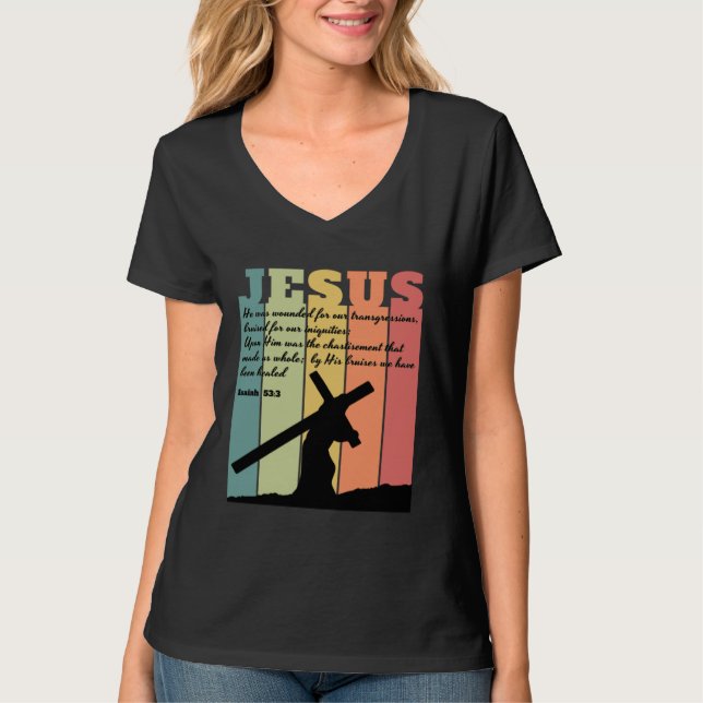 T-shirt JESUS carrying cross Bible quote Isaiah 533 retro  (Devant)