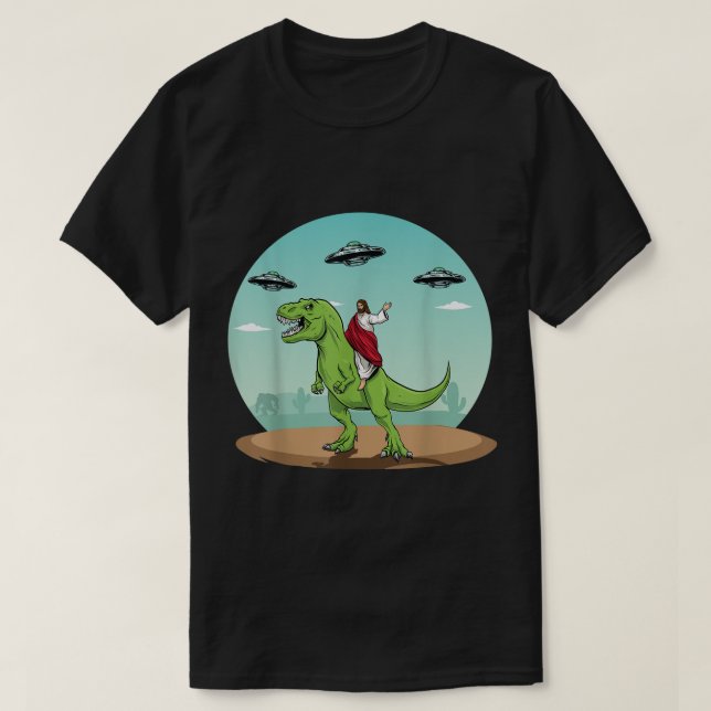 T-shirt Jesus équitation A Dinosaur Drôle Bigfoot UFO Alie (Design devant)