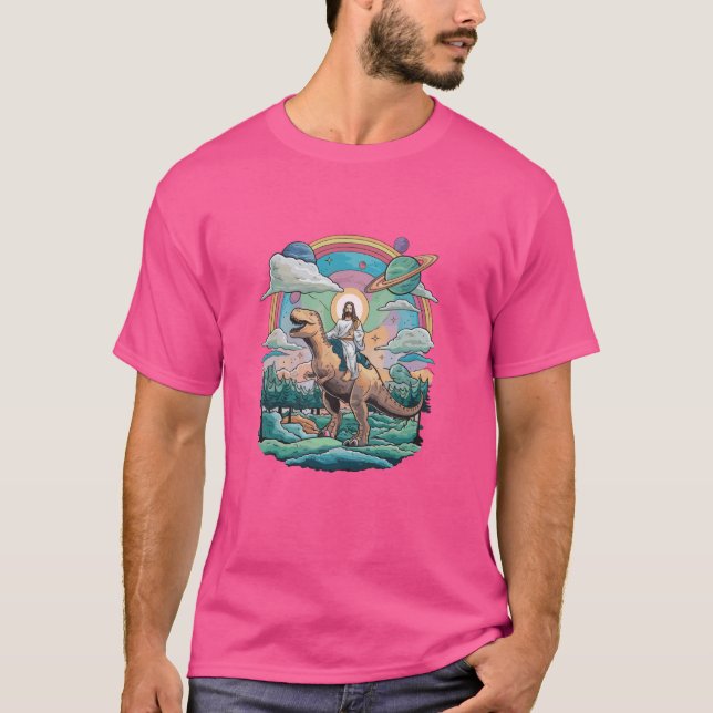 T-shirt Jesus équitation dans l'espace T-Rex Dinosaur mème (Devant)