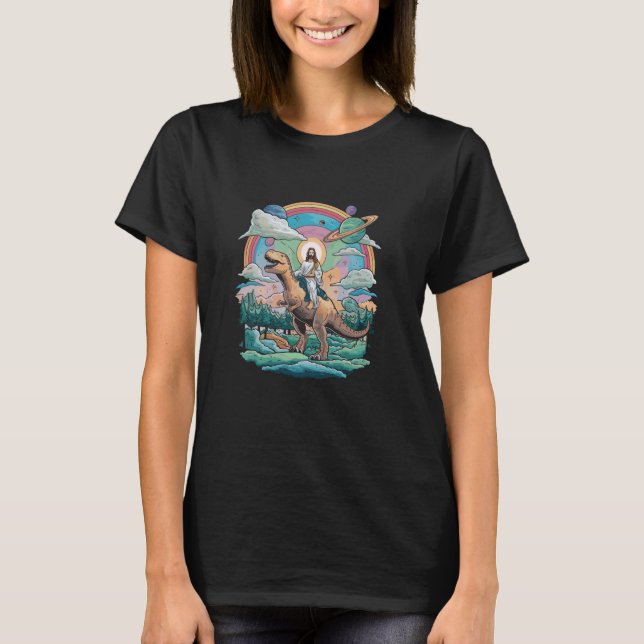 T-shirt Jesus équitation dans l'espace T-Rex Dinosaur mème (Devant)