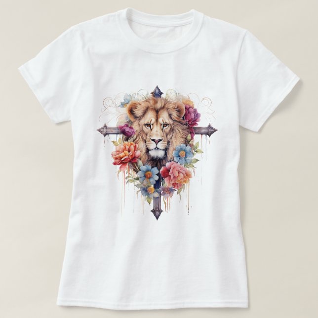 T-shirt Jésus Fleurs Sauvages Lion De Dieu Chrétien (Design devant)