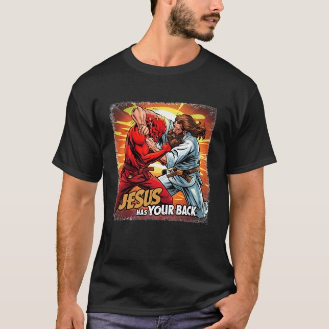 T-shirt Jesus Has Your Back Jiu Jitsu Retro Christian Men  (Devant)