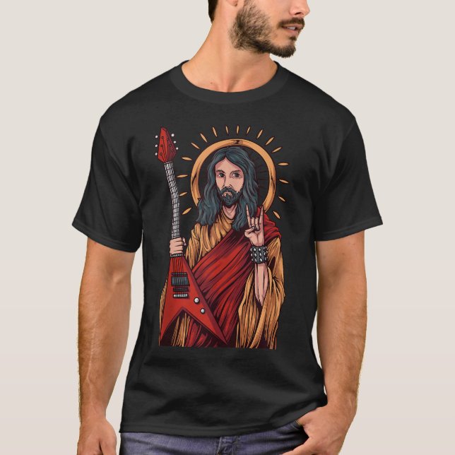 T-shirt Jésus Jouant Lourde Guitare Métal (Devant)