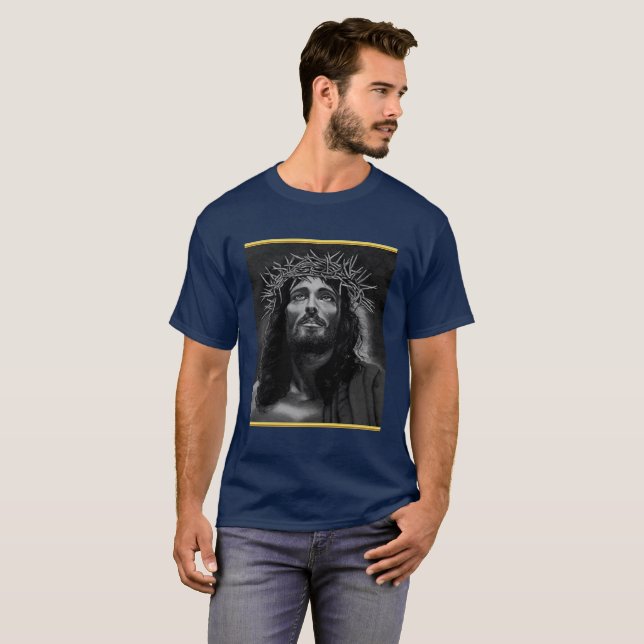 T-shirt Jésus regardant dans le ciel avec une feuille d'or (Devant entier)