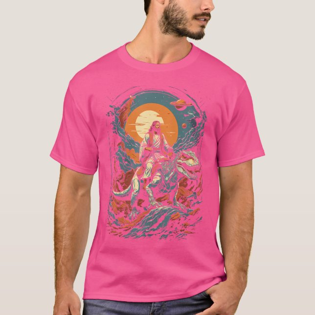 T-shirt Jésus Riding Dans L'Espace T-Rex Dinosaure Mème Sc (Devant)